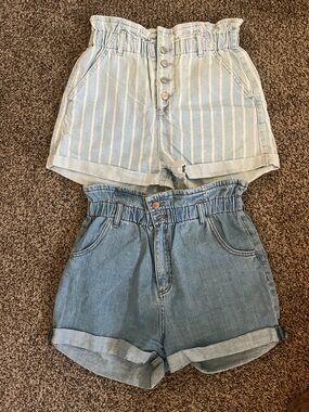 SOLD Top Shop High-Waist Paperbag Denim Shorts - Light Blue & Medium Blue
